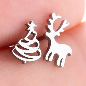 Christmas Tree Reindeer Mismatched Earrings Silver Tone Stainless Steel